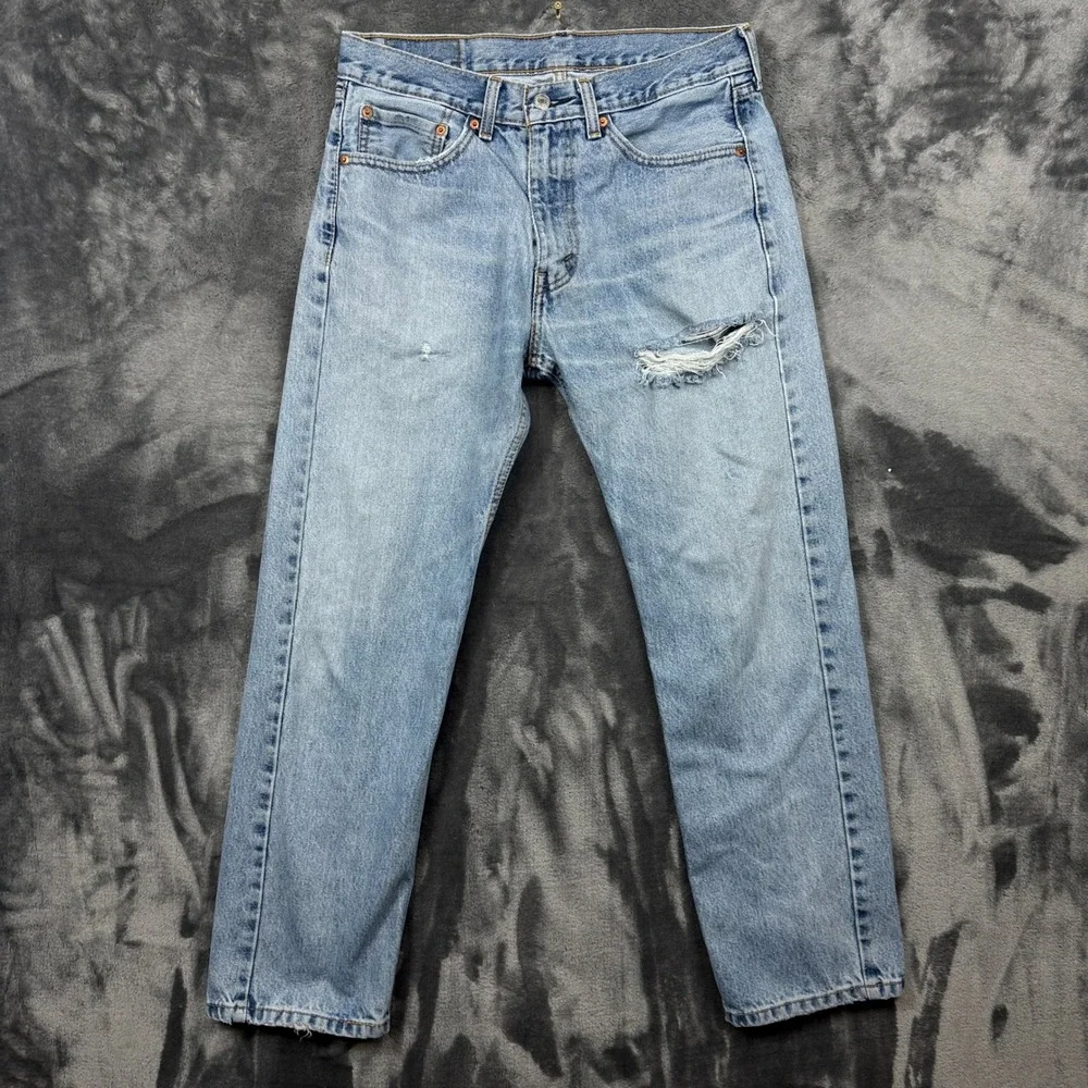 Levi's 505 Straight Leg Jeans Mens W32 L29 Light Wash Distressed Blue Denim